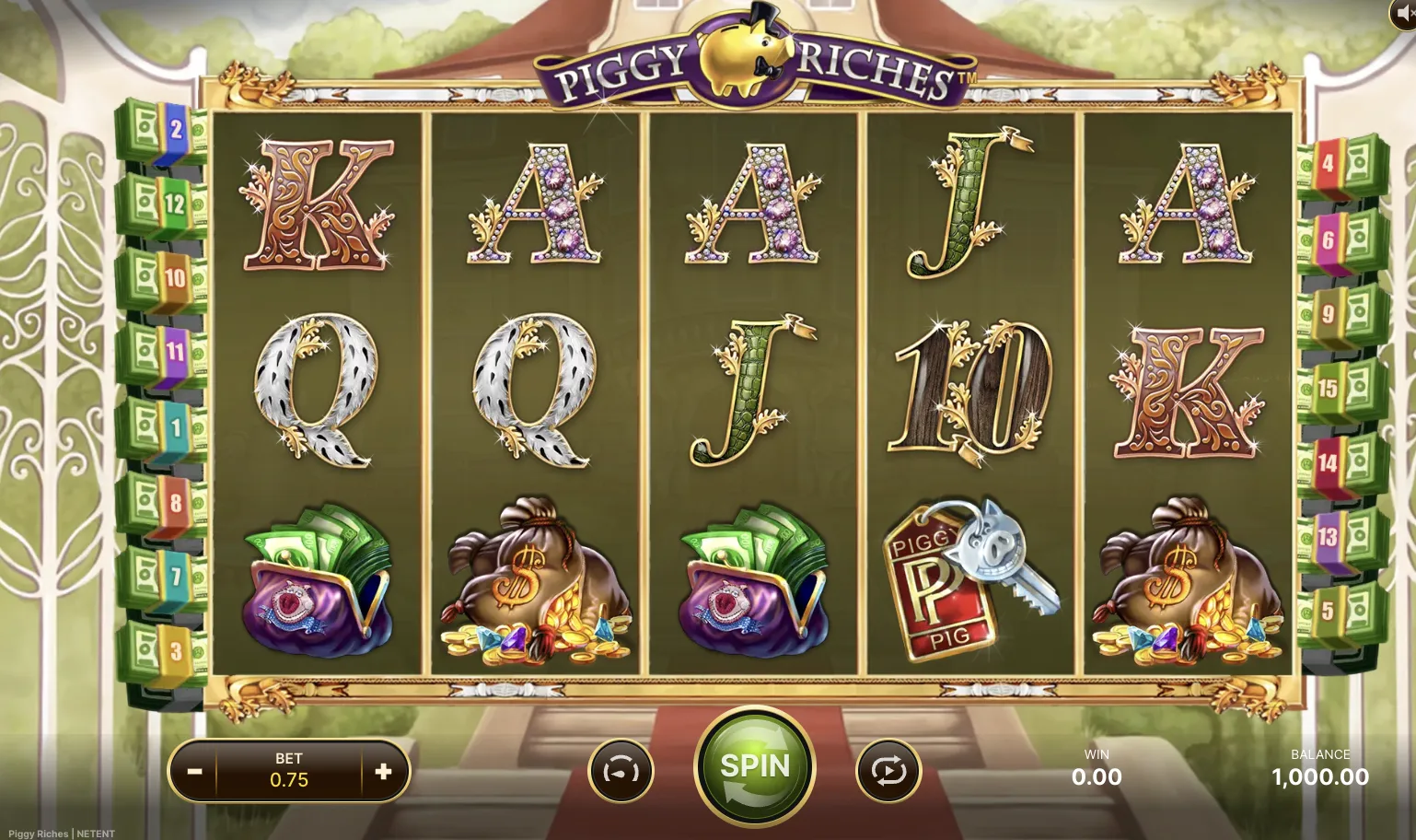 Rulli del gioco base di Piggy Riches slot con lettere gioiello e borsellini