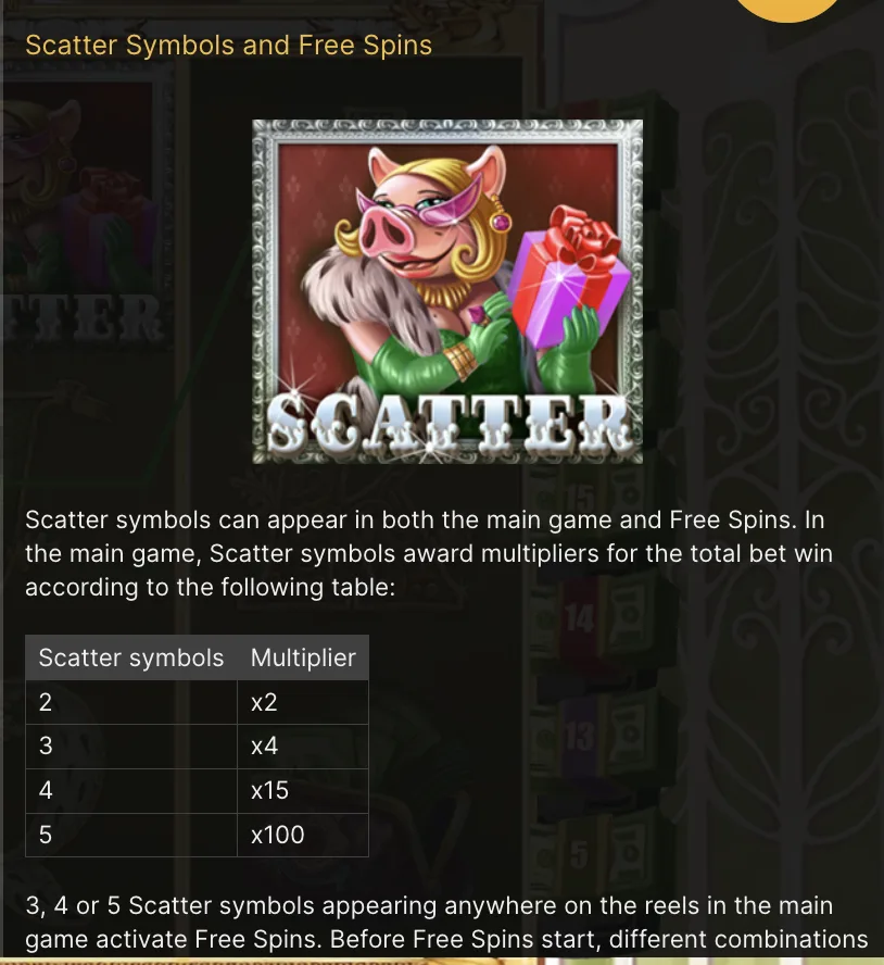 Simbolo Scatter di Piggy Riches slot e tabella dei moltiplicatori sulla puntata totale
